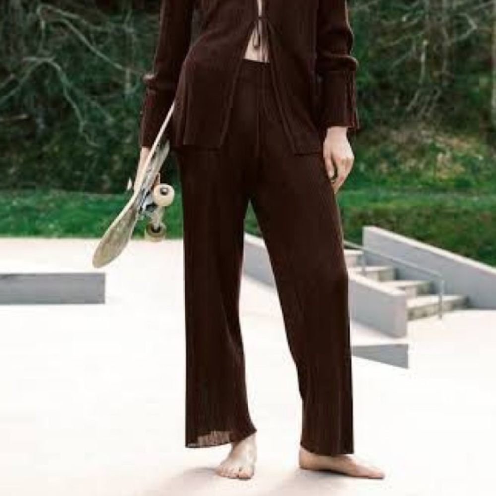 Zara Women S Brown Sheer Textured Knit High Rise Wide Leg Trouser Pants NWOT